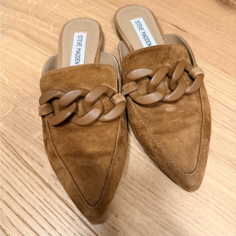 Steve Madden Cognac Suede Chain-Detail Pointed Mules